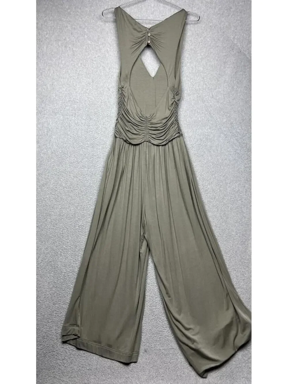 Free People Forever Always Ruched Jumpsuit Olive Green Wide Leg S Backless Boho